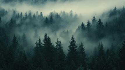 A tranquil forest filled with tall evergreen trees disappearing into the mist creates an enchanting and mysterious atmosphere, inviting exploration and reflection