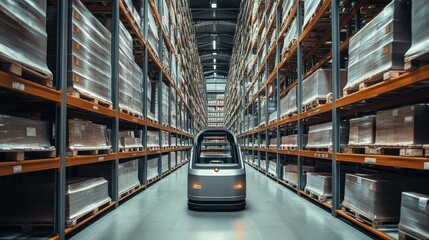 An automated guided vehicle smoothly travels between the tall stacks of boxes in a contemporary logistics warehouse, showcasing advanced navigation technology