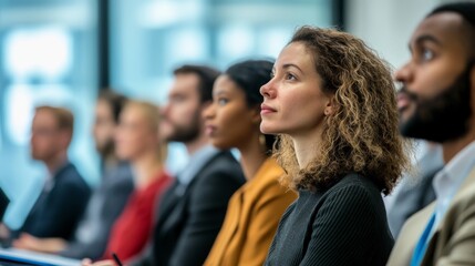 A diverse group of professionals sits in a modern conference room, listening thoughtfully to a presentation, reflecting engagement and collaboration