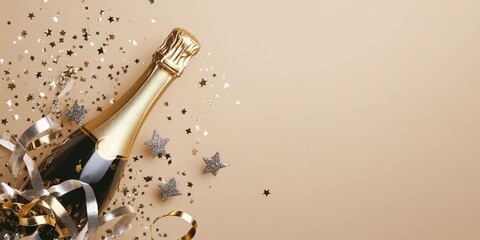 Fototapeta premium A bottle of champagne is surrounded by confetti and stars