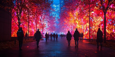 A vibrant urban scene at night with colorful illuminated trees and silhouetted figures walking through a magical atmosphere.