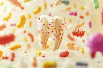 Tooth surrounded by colorful bacteria illustrating oral hygiene and dental care
