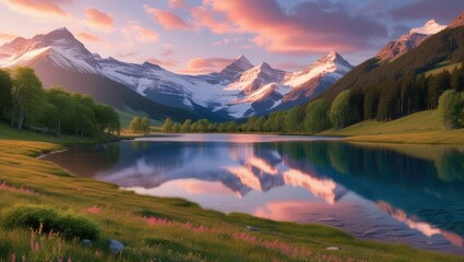 Obraz premium breathtakingly realistic 8k landscape featuring a serene mountain range at sunrise