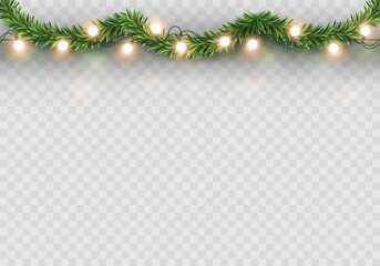 Border with green fir branches, lights isolated on transparent background. Pine, xmas evergreen plants banner. Vector Christmas tree garland decoration