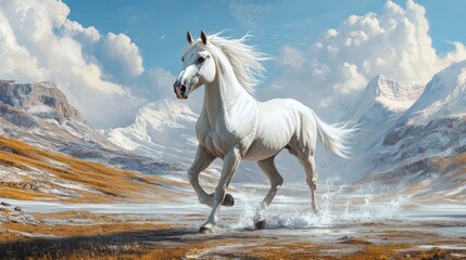 Obraz premium A majestic steed, with a coat as white as winter's snow, and a spirit as fierce as the desert wind.