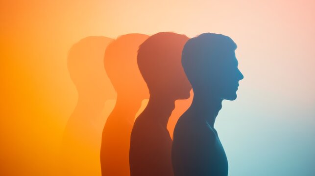 Male silhouette standing in colorful layers of gradient lighting. Symbolizing identity, self-expression, and unity within diversity.