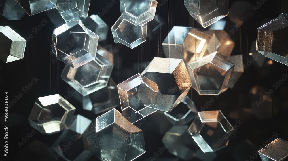 Poster suspended 3d hexagonal prisms stacked irregularly, casting reflections in a dark space.