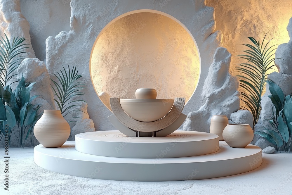 Poster a pottery wheel and clay in a craft studio in 3d rendered minimalist style with empty circle podium