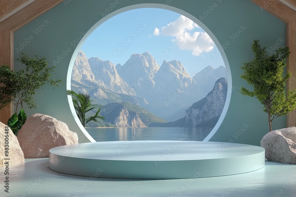 Poster a peaceful writing retreat in a cabin setting in 3d rendered minimalist style with empty circle podi