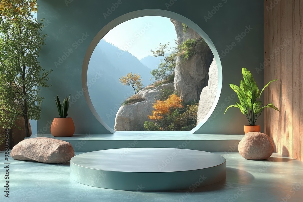 Poster a peaceful writing retreat in a cabin setting in 3d rendered minimalist style with empty circle podi