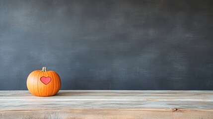 Minimalist Pumpkin with Heart Carving on Rustic Wooden Table against Dark Backdrop