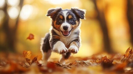 A tiny Australian Shepherd puppy frolics in vibrant autumn foliage.