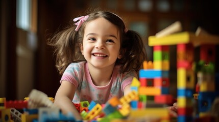 Playful young girl with pigtails smiling brightly while playing with colorful building blocks, capturing the joy and creativity of childhood.