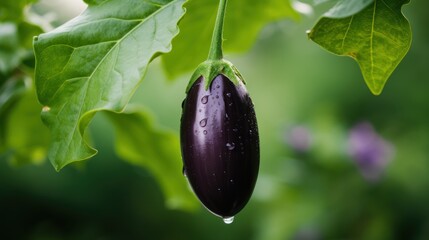 A fresh and dew-covered eggplant hangs from a leafy plant, capturing the vitality of nature and the lushness of a garden.
