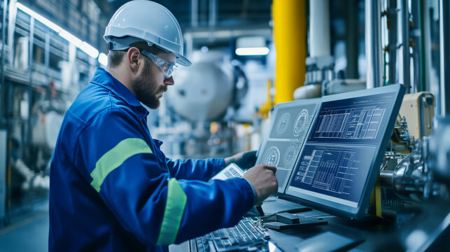 Net-zero business audit in progress, with workers analyzing energy consumption and waste production to ensure the company meets its climate goals