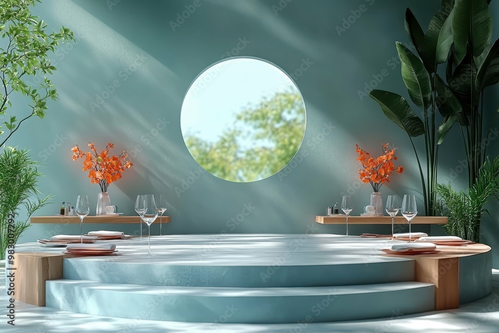 Poster gourmet restaurant table setting in 3d rendered minimalist style with empty circle podium