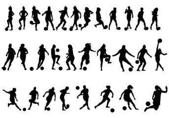 Set of Female Football Soccer Players Futbol Silhouette on White Background Stock Vector