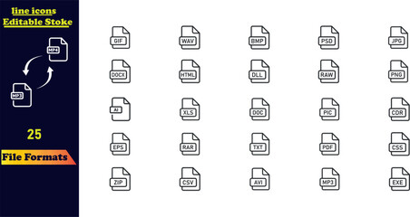 Line icon set for document file formats, including EPS, PDF, PSD, AI, XL, PPT, EXE, and more. Editable stroke icon collection.