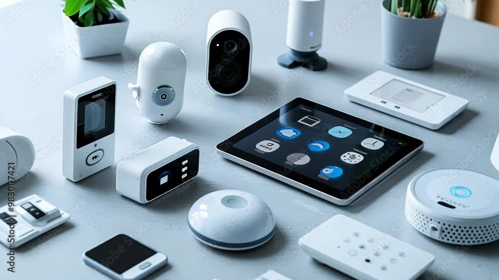 Poster Various smart home devices are arranged on a sleek table, emphasizing their design and functionality. The array includes a tablet, cameras, sensors, and smart speakers.