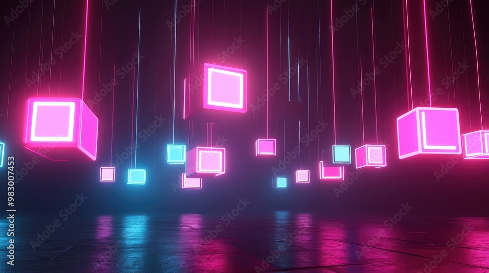 Poster a suspended 3d grid of floating cubes with glowing neon edges.