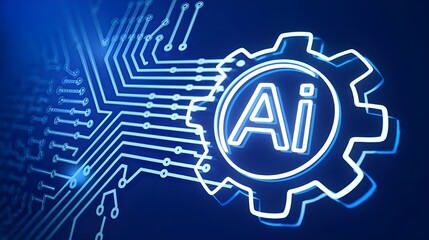 AI symbol embedded within a futuristic, glowing blue gear, connected to a complex circuit board