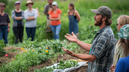 Sustainable agriculture workshop teaching farmers about eco-friendly practices, with emphasis on soil health and renewable resources
