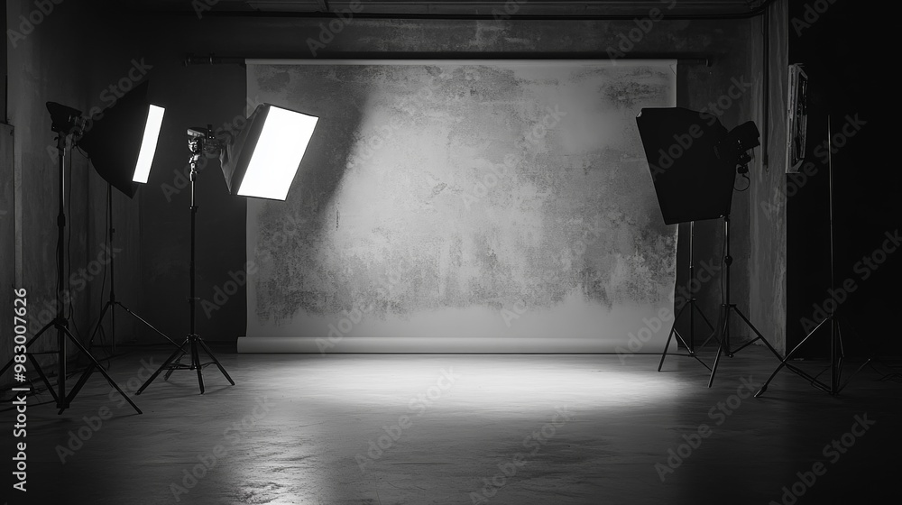 Wall mural a white cement wall, dark studio room, and white spotlights create a monochrome, modern, and rough-t