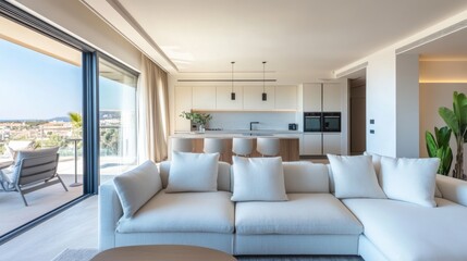A stylish living room with designer furniture. A comfortable sofa with light cushions faces a balcony with a view.  A modern kitchen with an island is in the background. The room is empty.