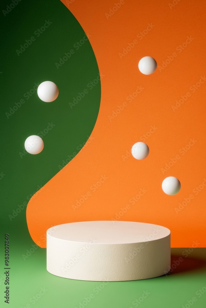 Aufkleber dynamic minimalist composition with textured podium and floating ping pong balls on green-orange gra