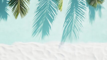 A blue background with palm trees and white sand