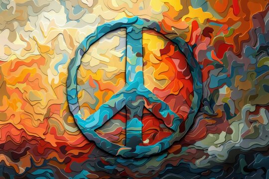 Blue peace symbol floating on colorful abstract wavy background