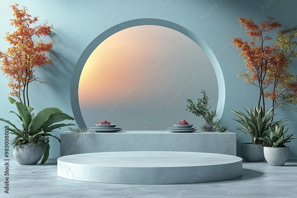 Poster an elegant dining room set for a meal in 3d rendered minimalist style with empty circle podium
