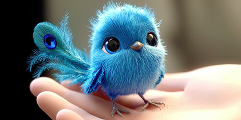 Cartoon blue bird in hand