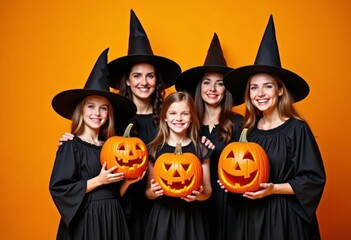 Happy family, father, mother and children in costumes and makeup of Halloween on color background