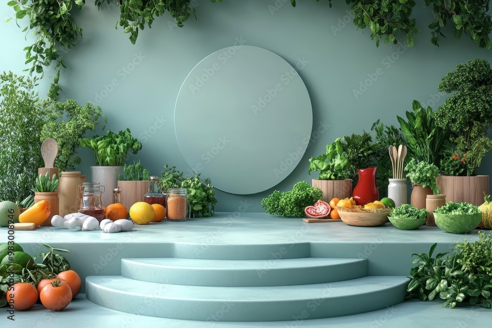 Poster cooking class setup with ingredients and utensils in 3d rendered minimalist style with empty circle 