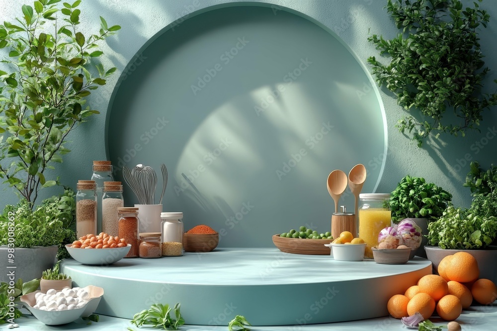 Poster cooking class setup with ingredients and utensils in 3d rendered minimalist style with empty circle 