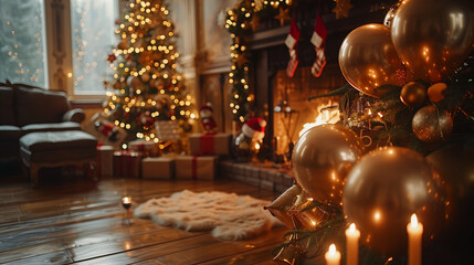 Cozy Christmas interior with fireplace and xmas tree decoration.