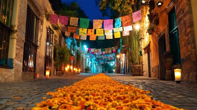 Colorful papel picado banners and marigold petals line a festive street during the evening in a charming historic town