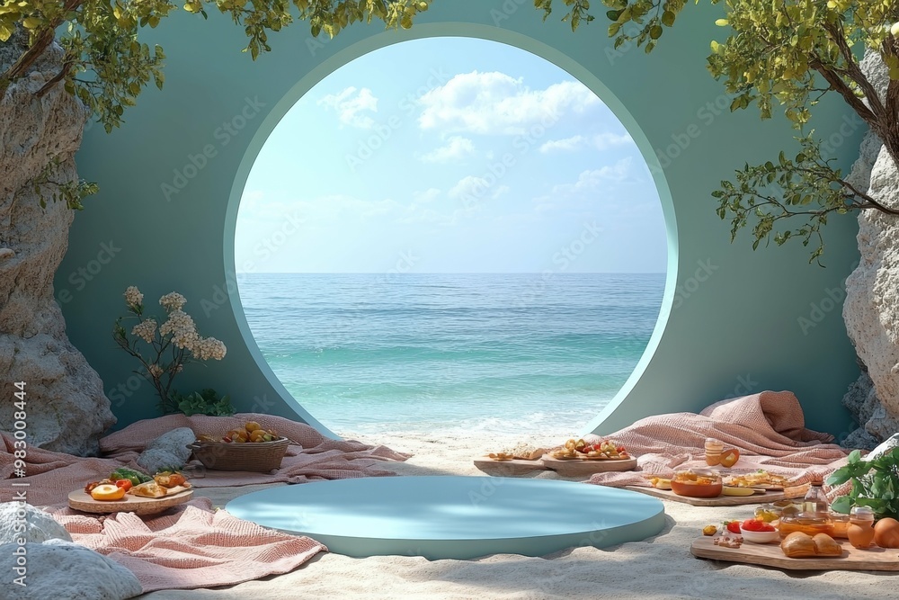 Poster a serene beach picnic setup with blankets and food in 3d rendered minimalist style with empty circle
