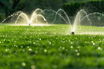 Irrigation system watering green grass on golf course