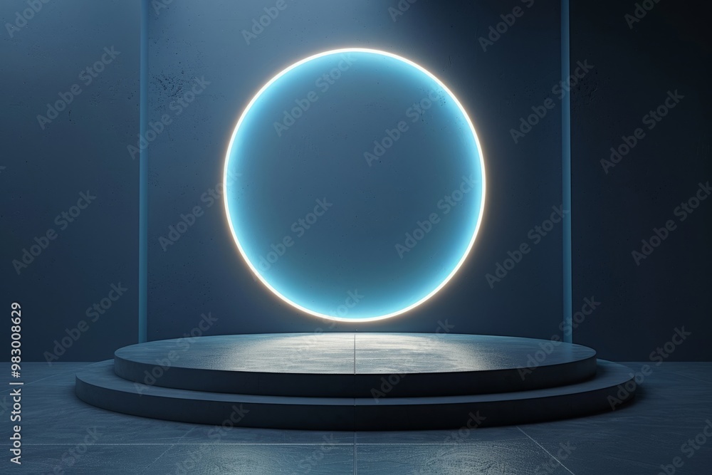 Poster empty stage with round neon backlight illuminating concrete platform