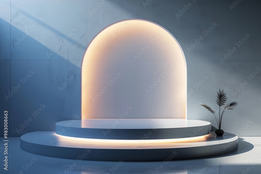 Poster empty stage with round neon backlight illuminating concrete platform