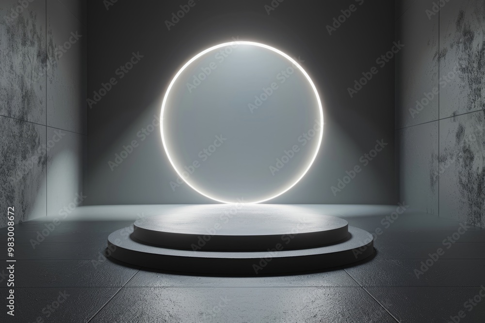 Poster empty stage with round neon backlight illuminating concrete platform