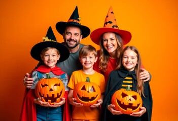 Happy family, father, mother and children in costumes and makeup of Halloween on color background