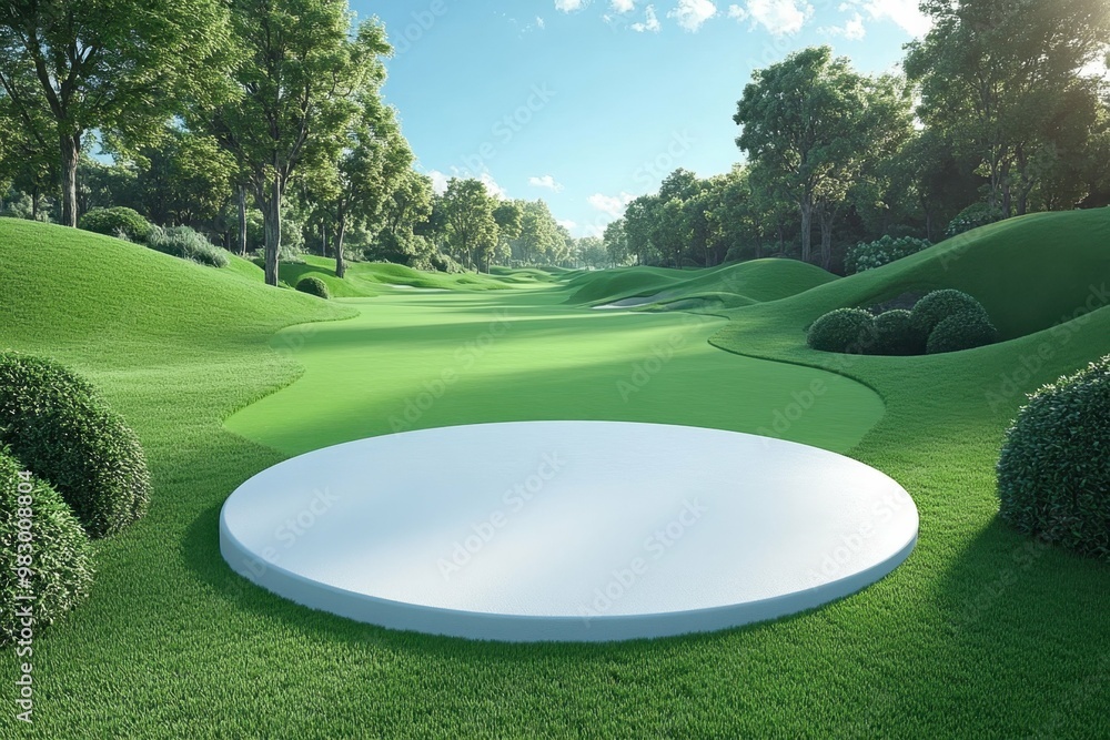 Poster aerial view of a golf course in 3d rendered minimalist style with empty circle podium