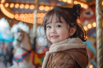 Obraz premium Little girl smiling and having fun on a carousel ride