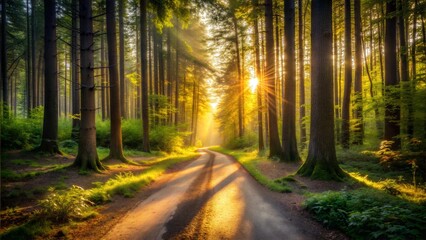 Obraz premium A serene forest pathway illuminated by sunlight, surrounded by tall trees and lush greenery, creating a tranquil atmosphere.