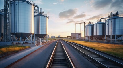 Obraz premium An expansive industrial landscape dominated by multiple metallic silos set against a serene sunset, with rail tracks leading the viewer’s eye into the horizon.