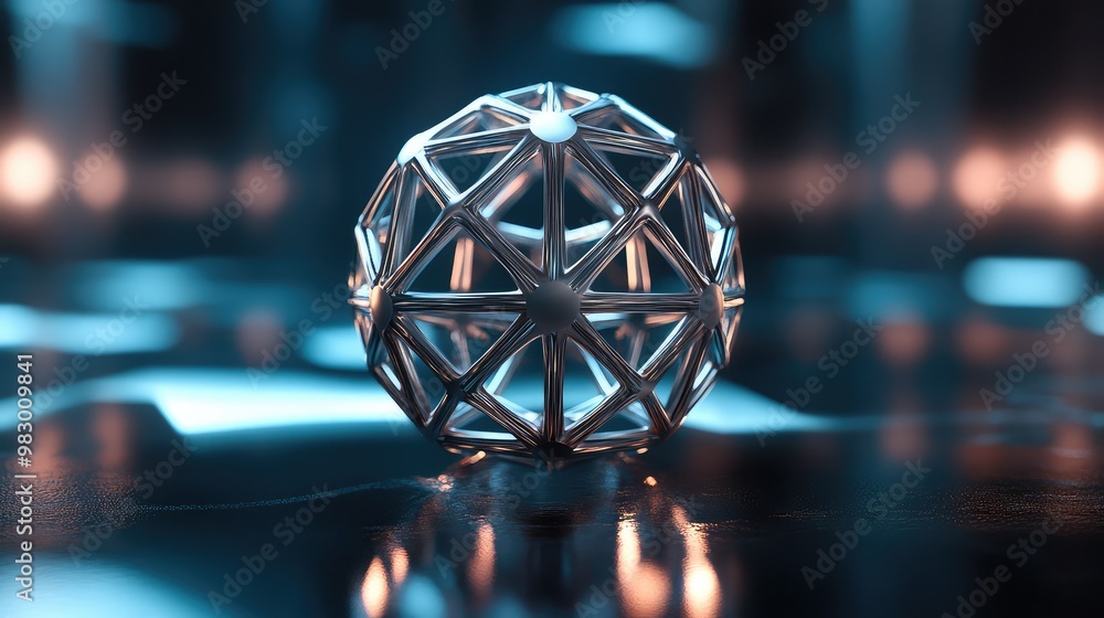 Poster a floating 3d orb made of interconnected metallic triangles, softly glowing.