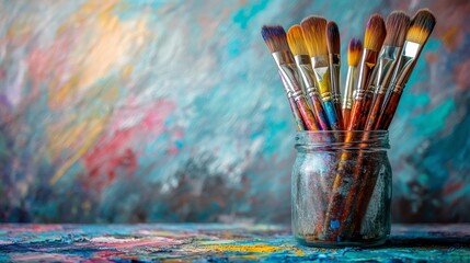 Fototapeta premium A collection of paintbrushes arranged in a glass jar against a colorful, textured background, showcasing the vibrancy of art and creativity